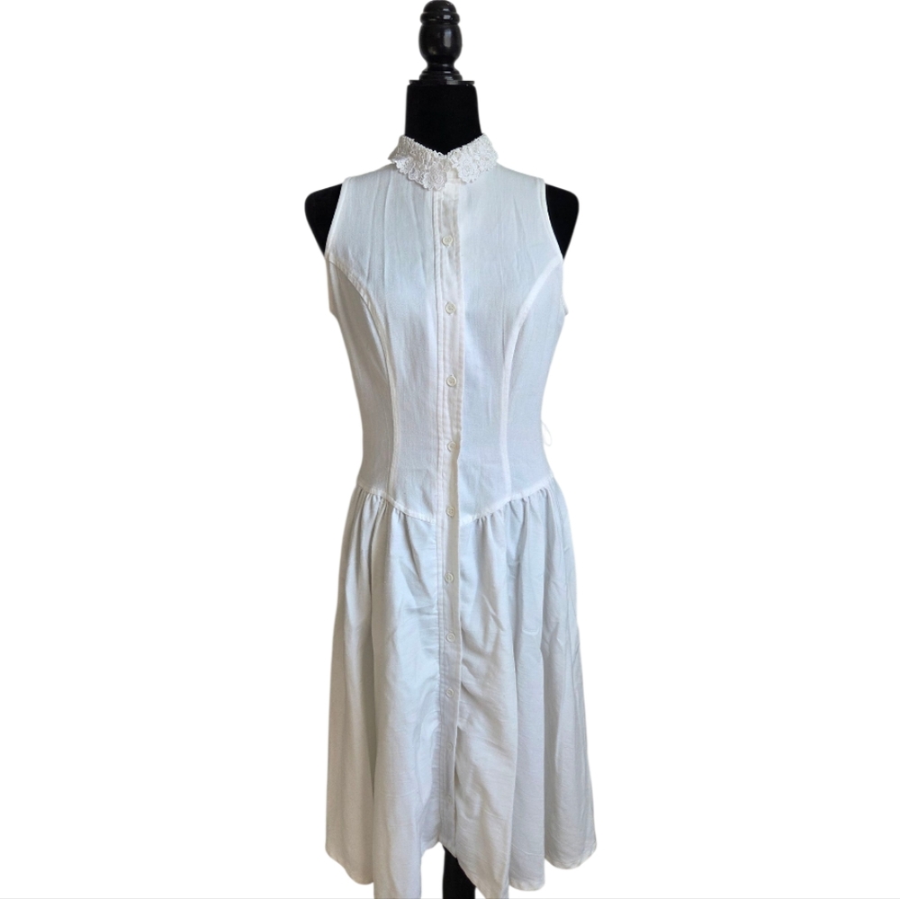 Melissa Petites White Cotton Button Down Dress With Lace Collar Women's Size 10